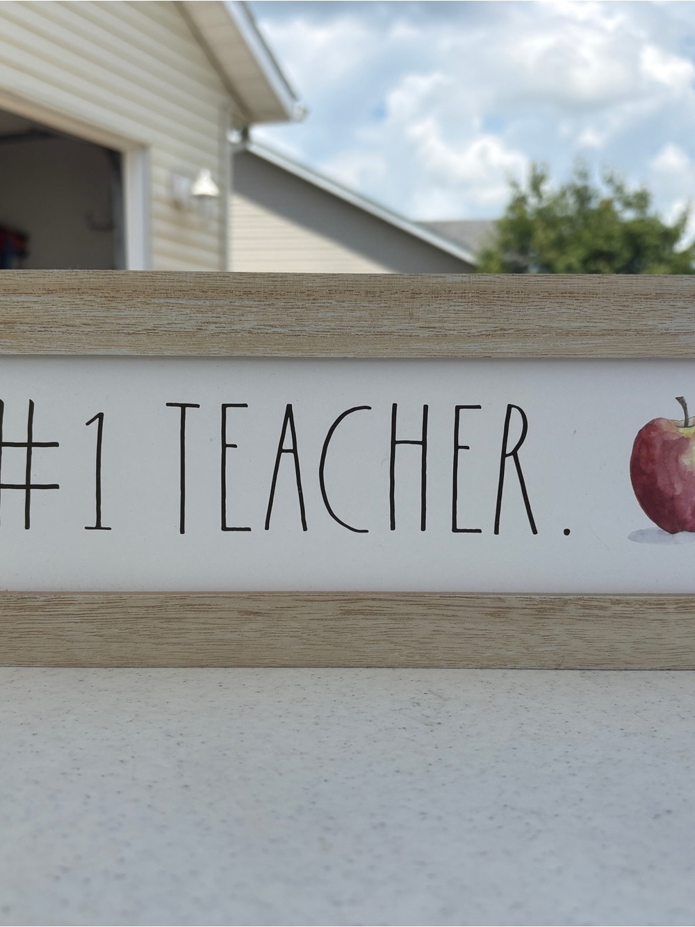 Rae Dunn "#1 TEACHER" Framed Sign - White, Red, Natural Wood